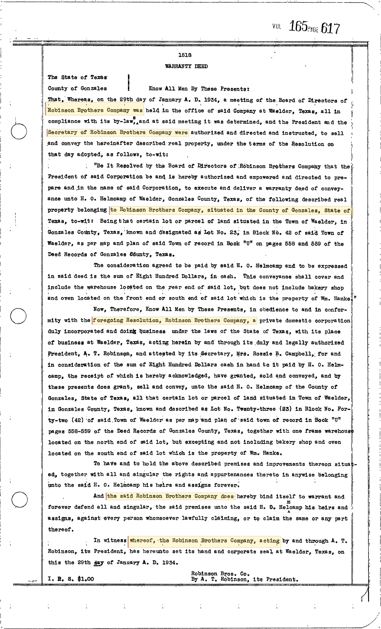 Robinson Brothers Drilling Co. - Recorded Warranty Deed (Vol. 165, Page 617)