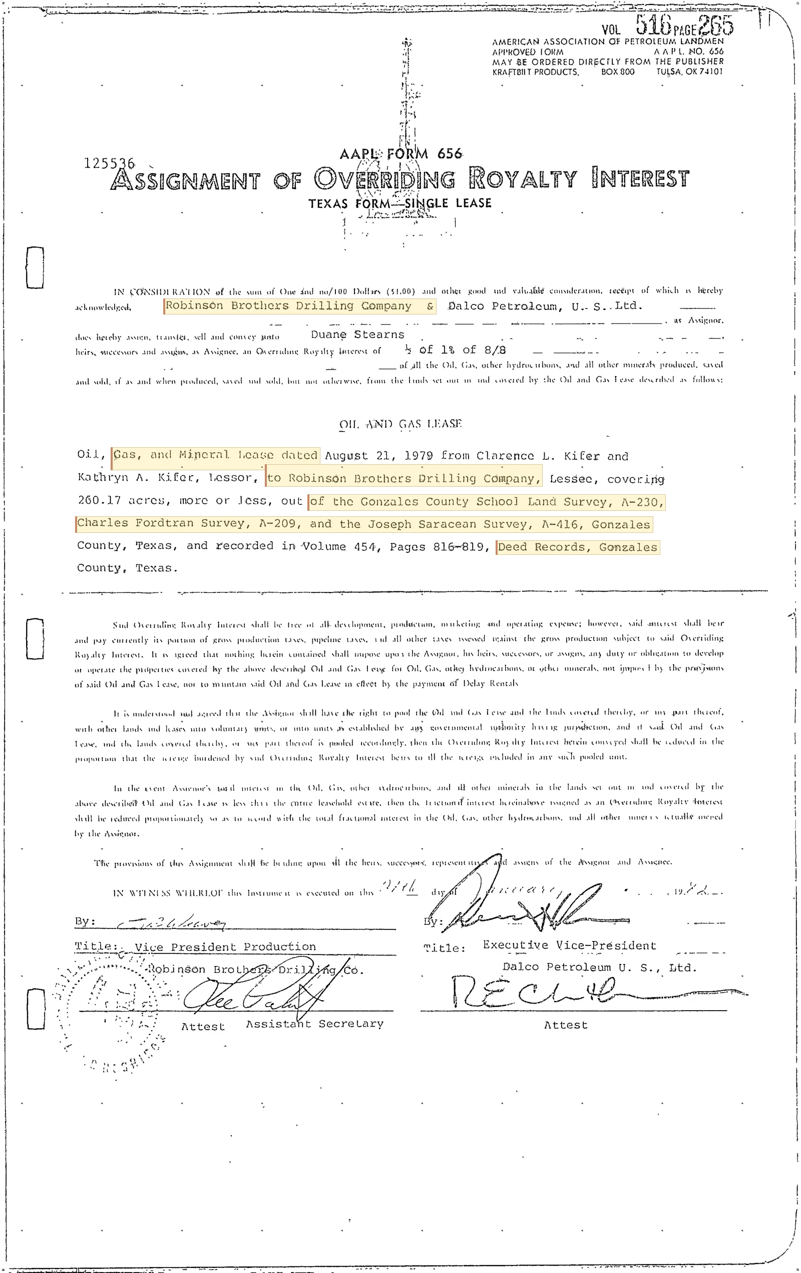 Robinson Brothers Drilling Co. - Recorded Assignment Overriding Royalty (Vol. 516, Page 265)